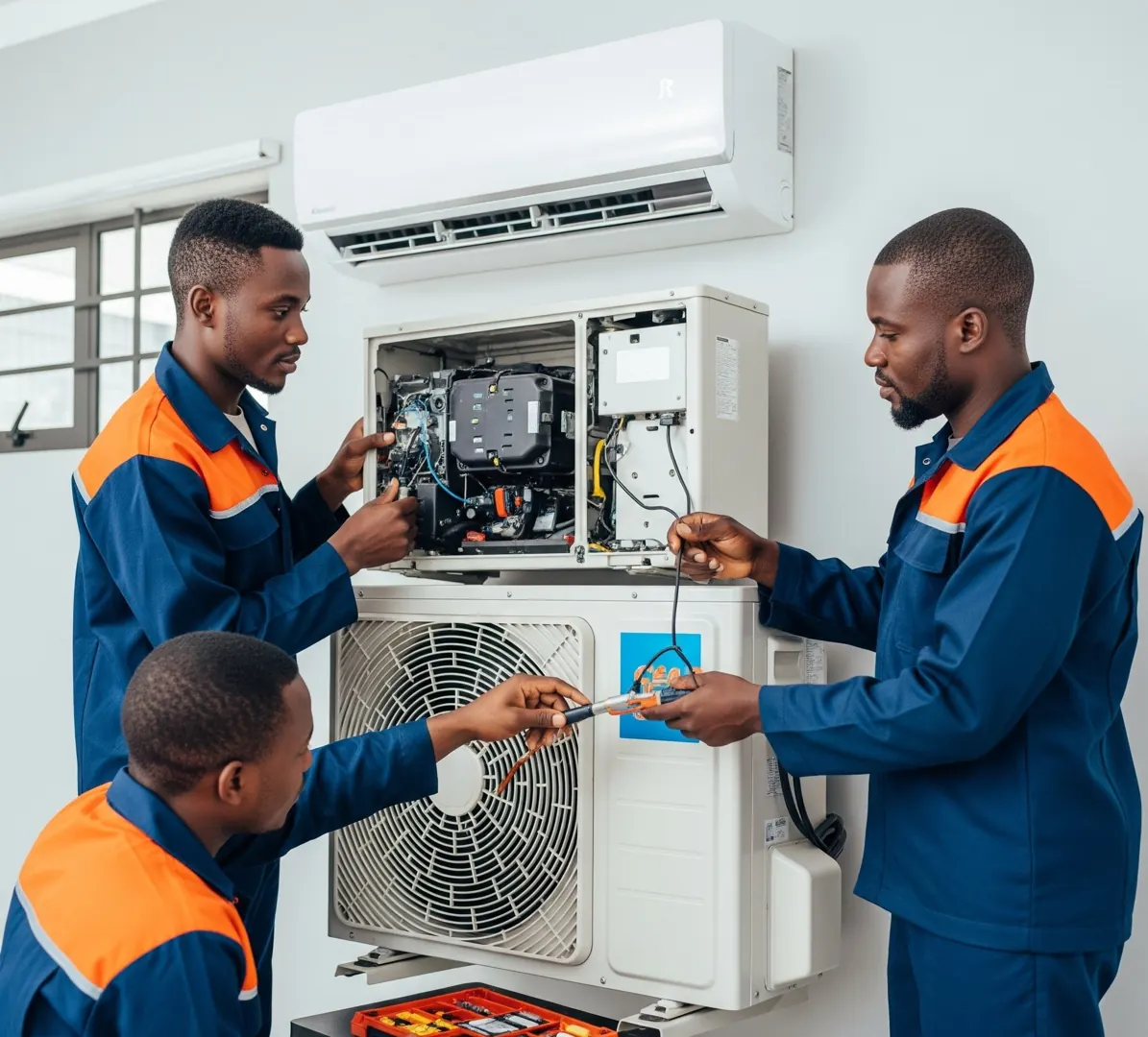 Technicians examining an air-conditioning system during diagnosis